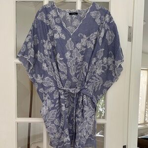 Natori Blue Chambray Floral Kaftan Top with Belt